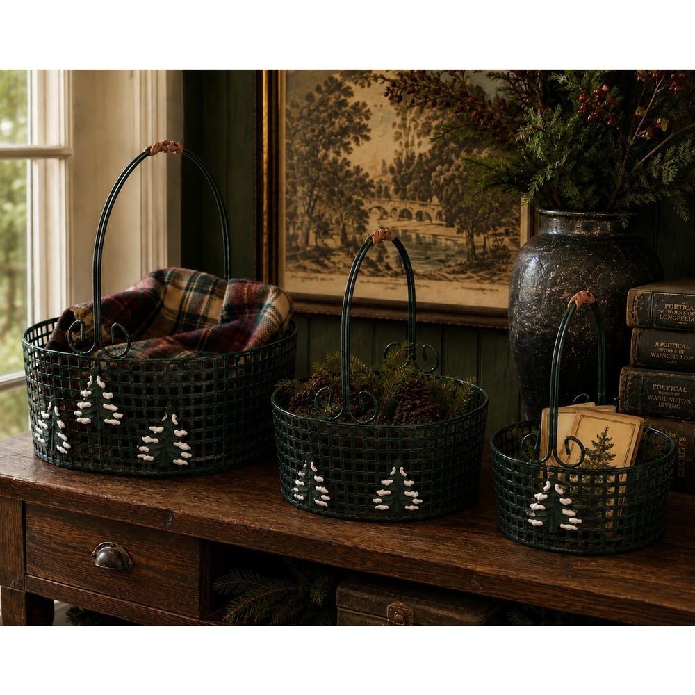 Vintage Christmas Basket Set of 3 Green Metal Evergreen Tree Holiday Decor 90s